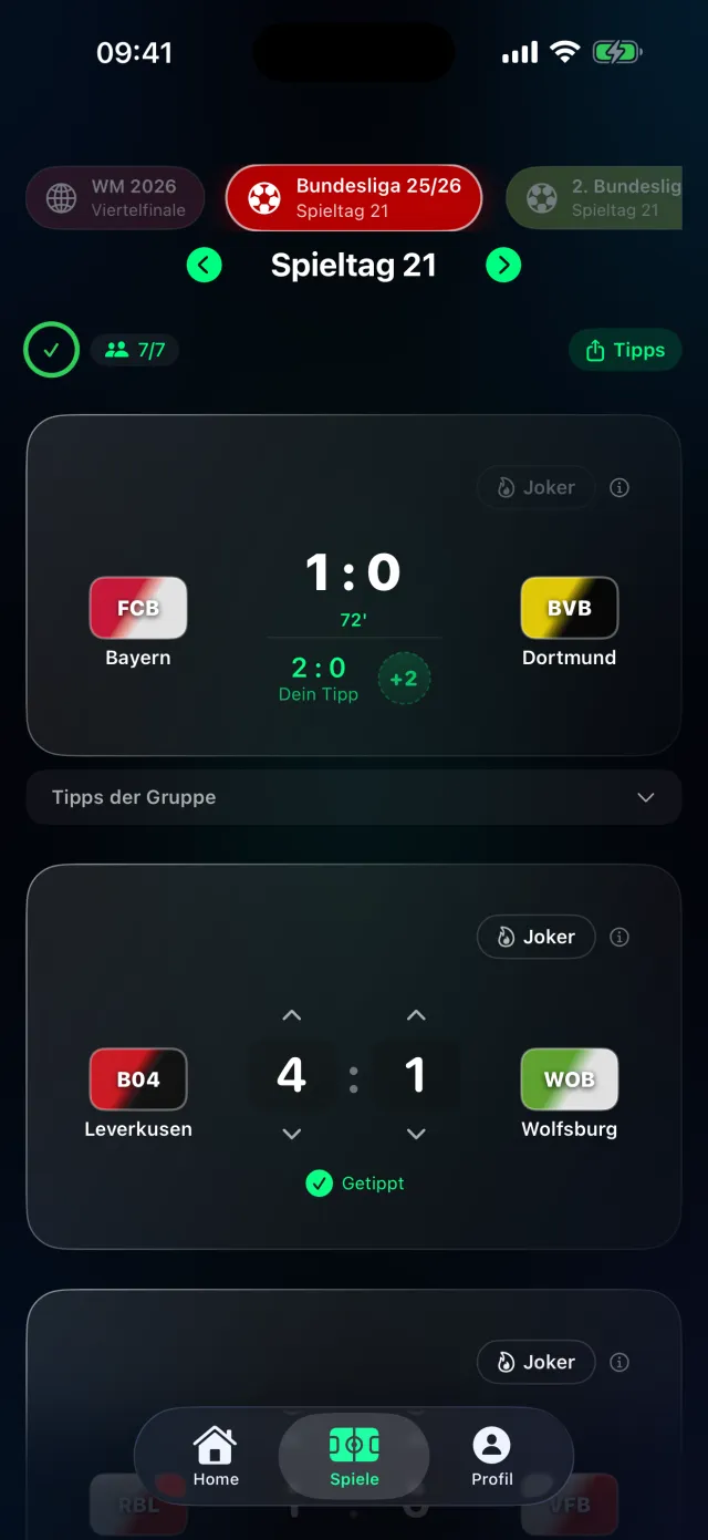Live-Ergebnisse in Tippr — Bayern führt 1 zu 0 mit Live-Punkten +2